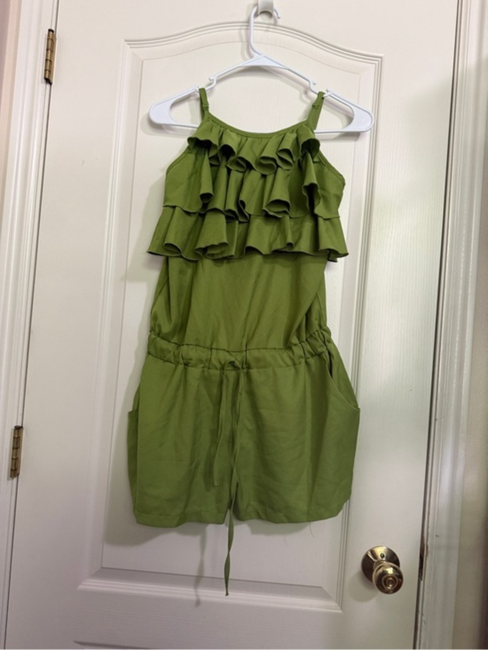 Allegra K Olive Green Ruffle Romper with Drawstring Waist